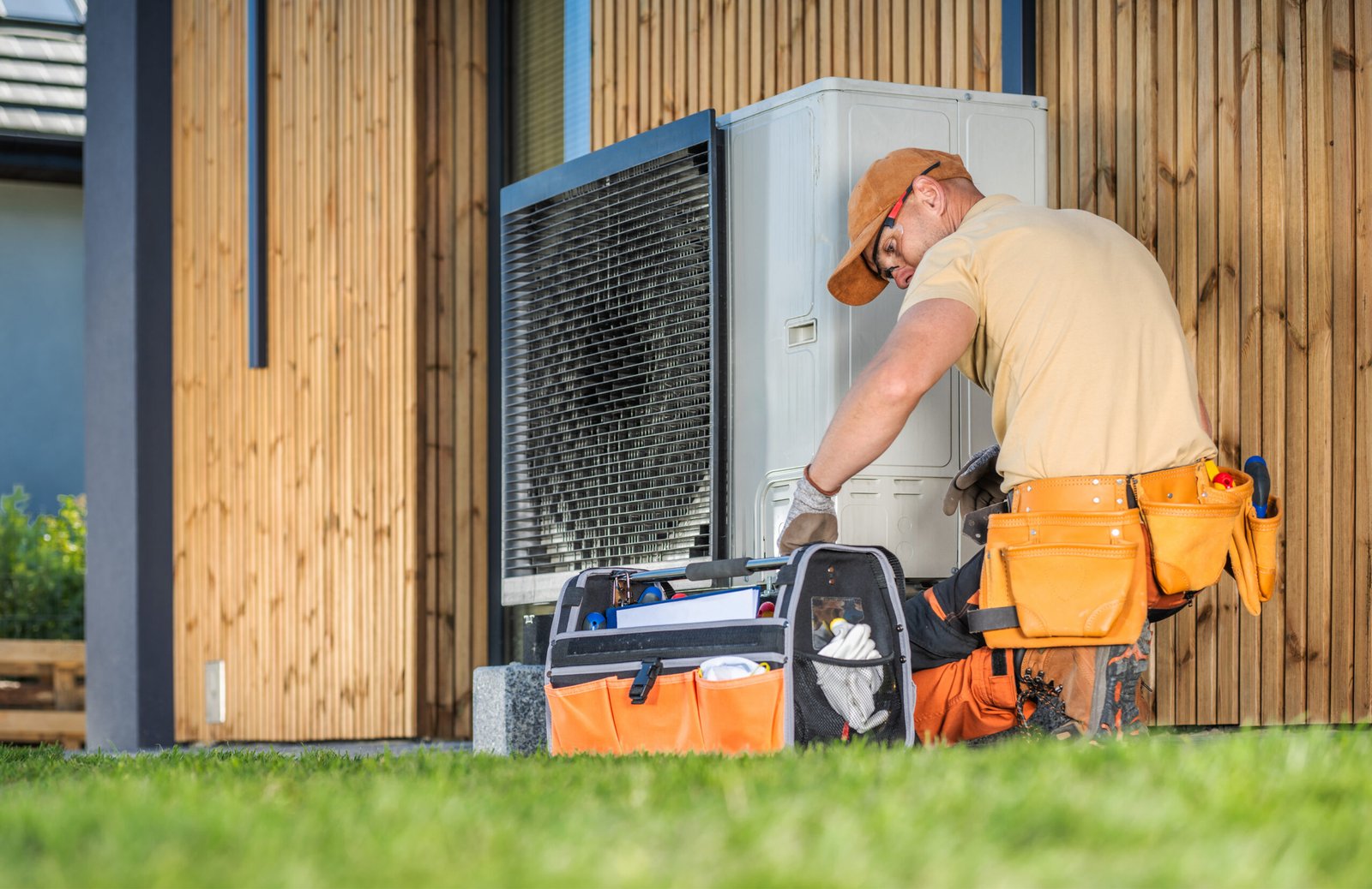 hvac technician worker fixing heat pump at house