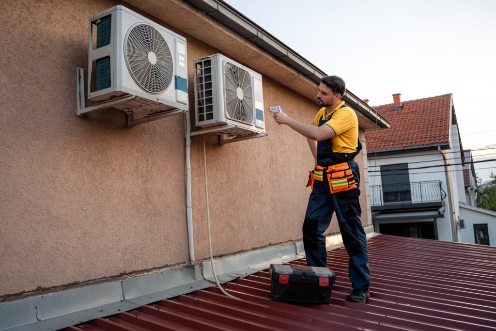 professional technician repairs air conditioning units on a residential rooftop in the evening light