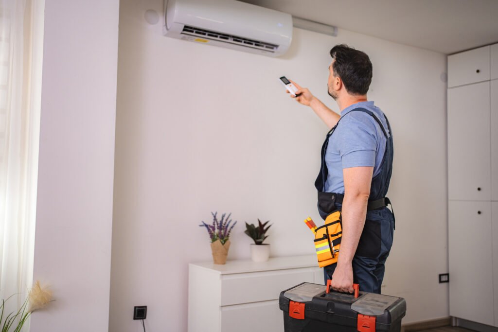 technician testing air conditioning with remote control